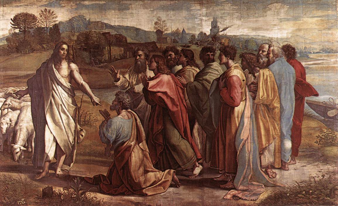 Raphael, Christ's Charge to St. Peter - I believe that the image refers to the Gospel of Matthew dans immagini sacre va_-_raphael_christs_charge_to_peter_1515